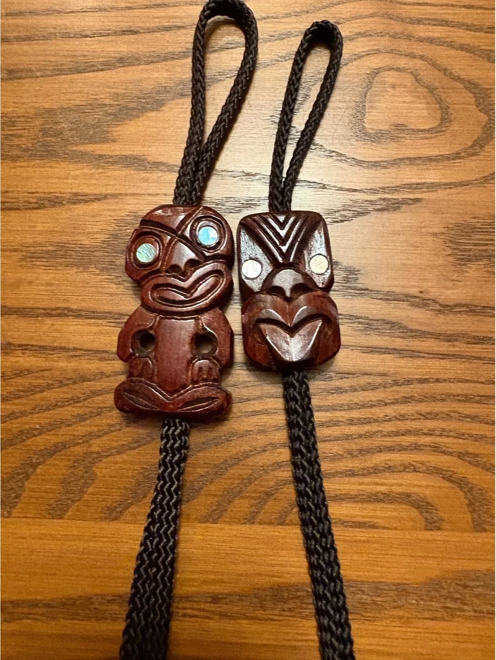 Vintage Hand-Carved Wooden Tiki Bolo Ties (Pair) from Rotorua, New Zealand
